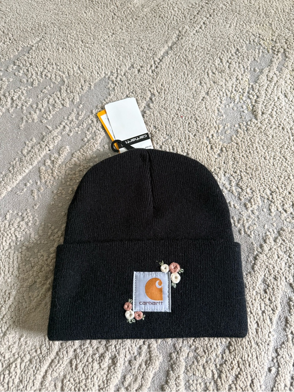 Carhartt Black Beanie hand Embroidered Floral Logo Patch one size new